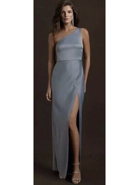 BHLDN Dylan One-Shoulder Satin Charmeuse Side-Slit Bridesmaid Gown Dusty Blue 4